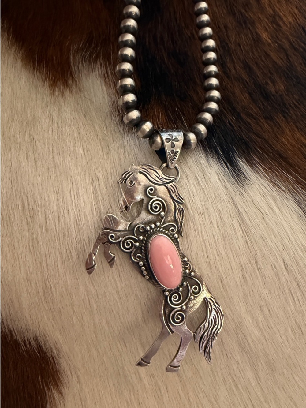 ❤️ Queen Pink Conch Sterling Hand Stamped Statement Rearing Horse Pendant 2.51”L - Picture 6 of 13